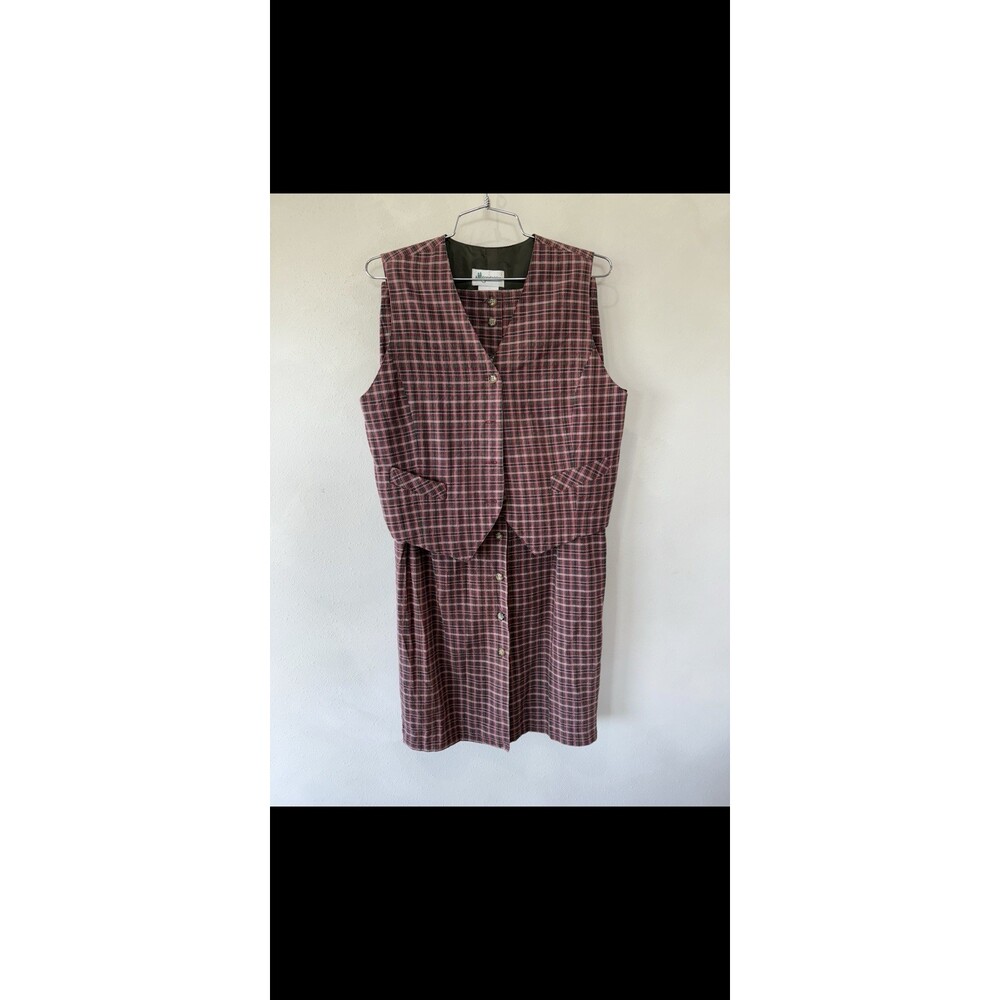 Vintage Sportables Women’s Plaid Vest Midi Skirt Set Shirt Size 6 Red Button Up